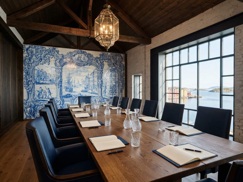 The Azulejo Boardroom, a meeting venue in Kristiansund: a long oak table with leather chairs and notebooks beneath a blue tile mural and a brass lantern, with a large window over the harbour