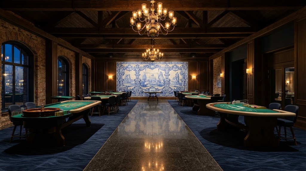 Salthuset Casino, a land-based hotel casino in Norway: roulette and blackjack tables under crystal chandeliers, a large blue azulejo panel and a cobalt carpet in the former salt store