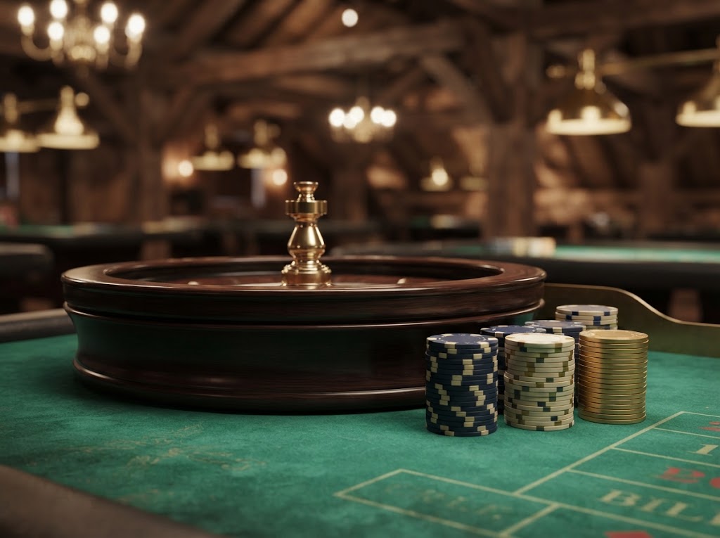 Close-up of a polished wooden European roulette wheel with brass turret and stacks of navy, cream and gold chips on green baize