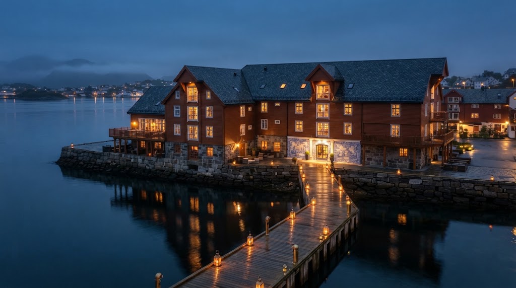 Madeirabrygga casino hotel in Norway at dusk: a red timber and granite klippfisk warehouse with azulejo-tiled entrance on Kristiansund harbour, reached by a lantern-lit jetty