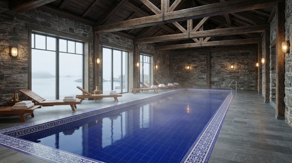 Saltvann Spa indoor seawater pool with cobalt tiles and an azulejo border, granite walls, timber trusses and wooden loungers by misty sea-view windows