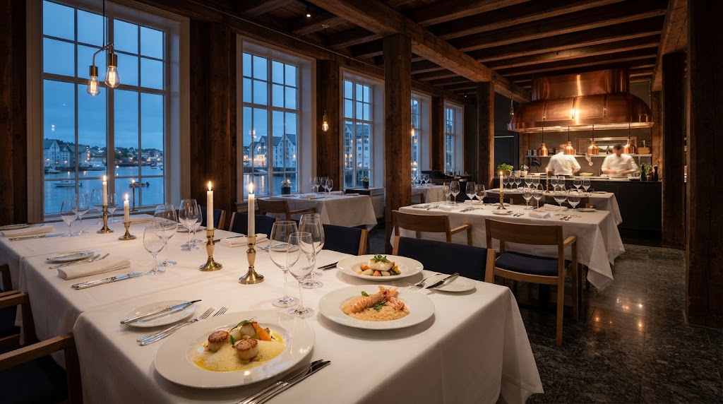 Brygga Restaurant, fine dining in Norway: candlelit tables with scallops and langoustine dishes, tall windows onto the evening harbour and chefs at work under a copper hood