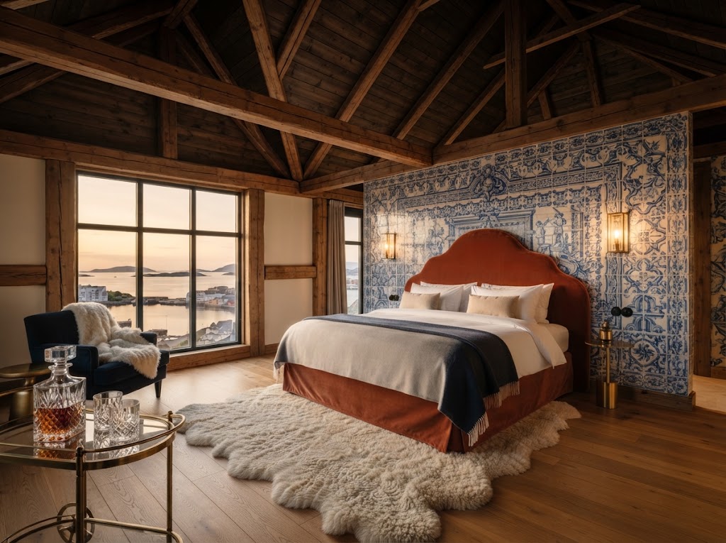 Madeira Suite: a terracotta velvet bed against a hand-painted blue azulejo tile wall, a brass bar cart with a crystal decanter and a sunset view of Kristiansund harbour