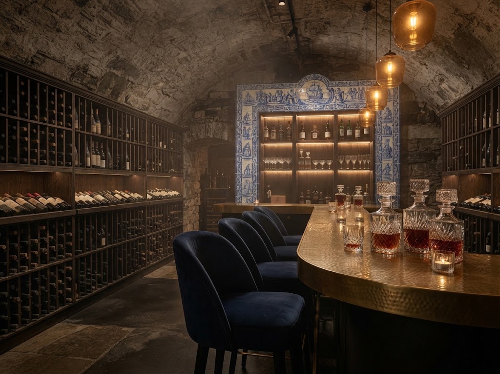 The Madeira Cellar, a wine bar in Kristiansund: a stone-vaulted cellar with wine racks, a hammered brass bar with crystal decanters of Madeira, navy velvet stools and an azulejo-framed back bar